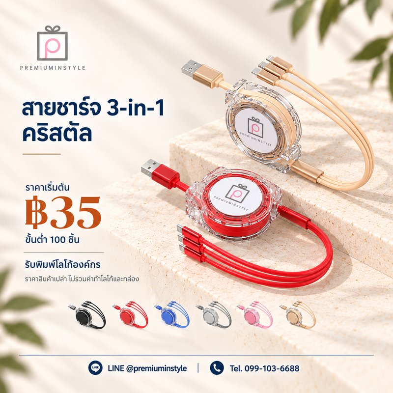 สายชาร์จ 3-in-1 คริสตัล ของพรีเมี่ยม สกรีนโลโก้