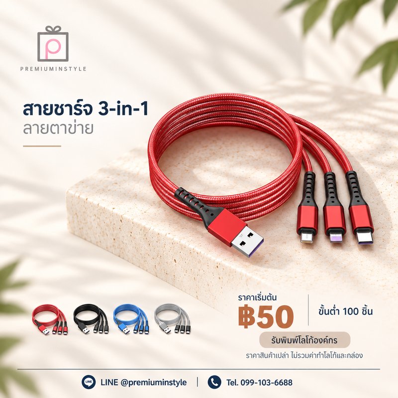 สายชาร์จ 3-in-1 ลายตาข่าย ของพรีเมี่ยม สกรีนโลโก้