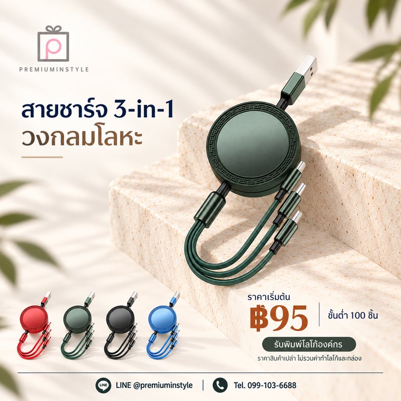 สายชาร์จ 3-in-1 วงกลมโลหะ ของพรีเมี่ยม สกรีนโลโก้