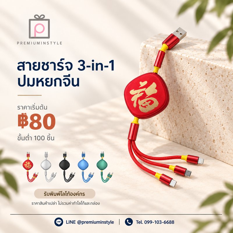 สายชาร์จ 3-in-1 ปมหยกจีน ของพรีเมี่ยม สกรีนโลโก้