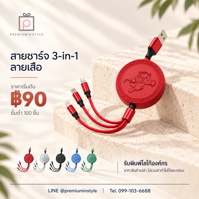 สายชาร์จ 3-in-1 ลายเสือ ของพรีเมี่ยม สกรีนโลโก้