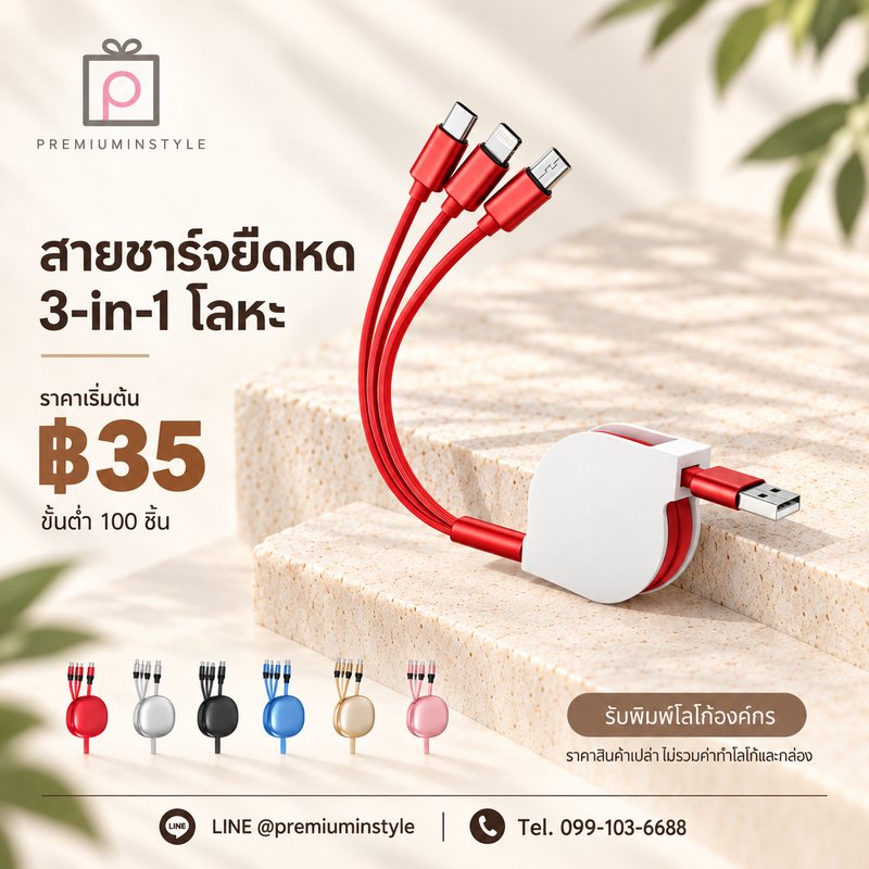 สายชาร์จยืดหด 3-in-1 โลหะ ของพรีเมี่ยม สกรีนโลโก้