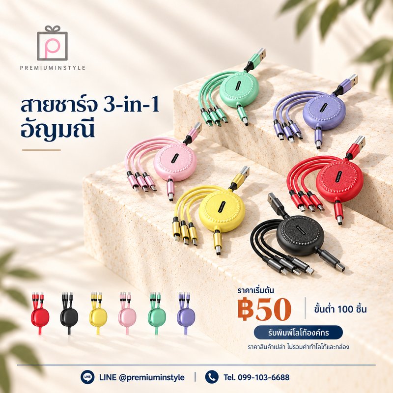 สายชาร์จ 3-in-1 อัญมณี ของพรีเมี่ยม สกรีนโลโก้