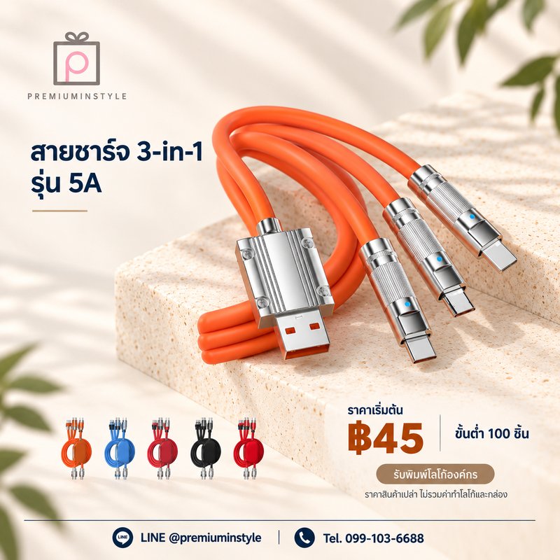 สายชาร์จ 3-in-1 รุ่น 5A ของพรีเมี่ยม สกรีนโลโก้