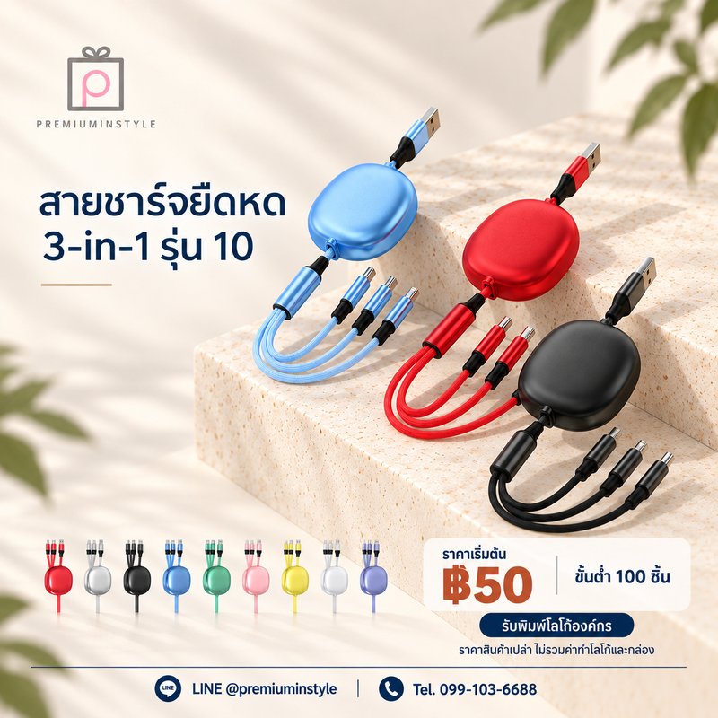 สายชาร์จยืดหด 3-in-1 รุ่น 10 ของพรีเมี่ยม สกรีนโลโก้