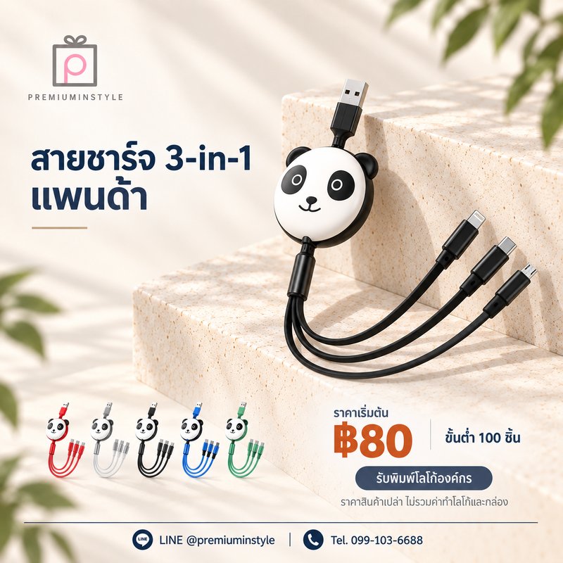 สายชาร์จ 3-in-1 แพนด้า ของพรีเมี่ยม สกรีนโลโก้