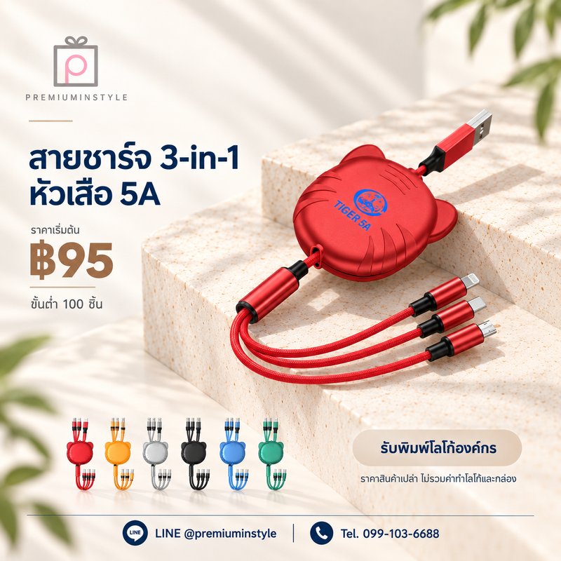 สายชาร์จ 3-in-1 หัวเสือ 5A ของพรีเมี่ยม สกรีนโลโก้