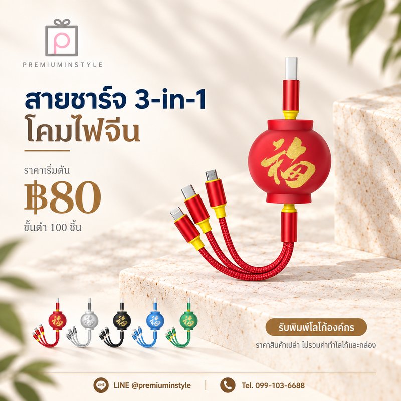 สายชาร์จ 3-in-1 โคมไฟจีน ของพรีเมี่ยม สกรีนโลโก้