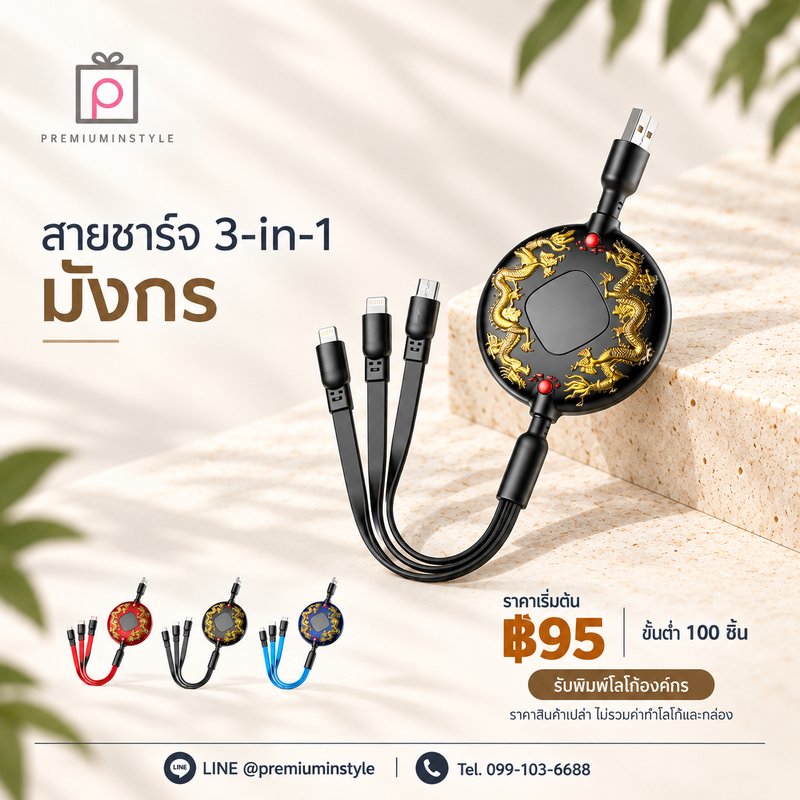 สายชาร์จ 3-in-1 มังกร ของพรีเมี่ยม สกรีนโลโก้
