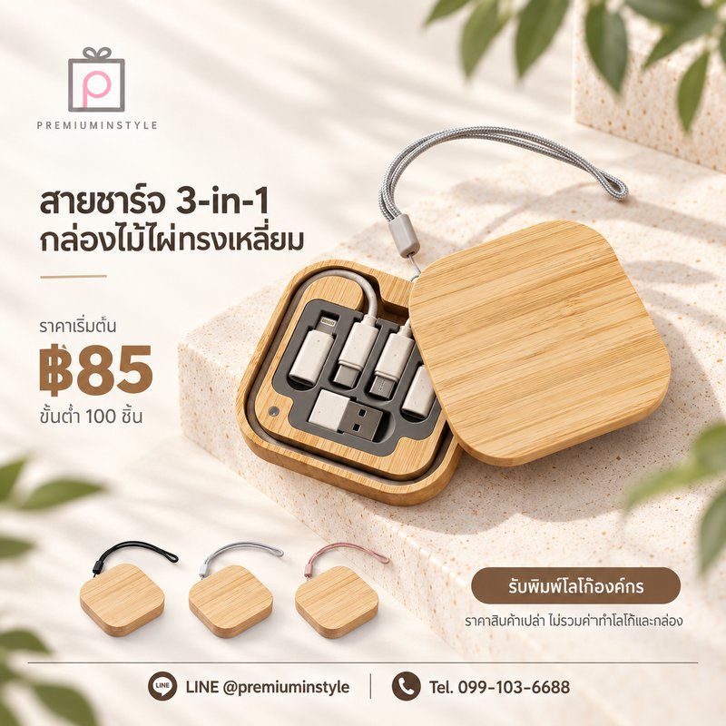 สายชาร์จ 3-in-1 กล่องไม้ไผ่ทรงเหลี่ยม ของพรีเมี่ยม สกรีนโลโก้