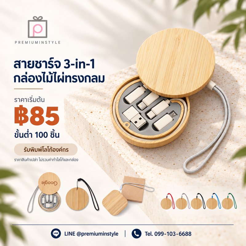 สายชาร์จ 3-in-1 กล่องไม้ไผ่ทรงกลม ของพรีเมี่ยม สกรีนโลโก้
