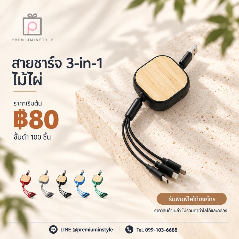 สายชาร์จ 3-in-1 ไม้ไผ่ ของพรีเมี่ยม สกรีนโลโก้