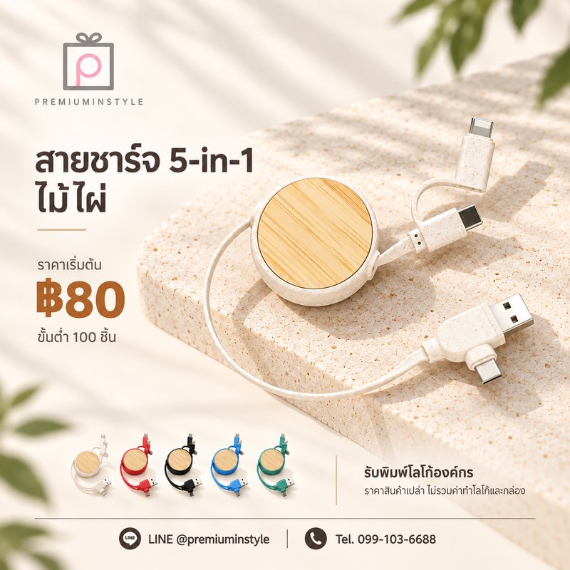 สายชาร์จ 5-in-1 ไม้ไผ่ ของพรีเมี่ยม สกรีนโลโก้