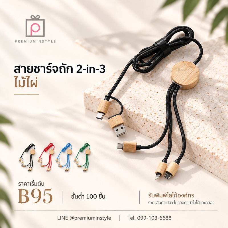 สายชาร์จถัก 2-in-3 ไม้ไผ่ ของพรีเมี่ยม สกรีนโลโก้