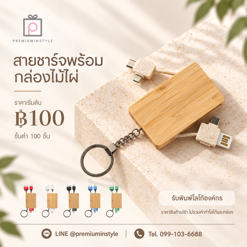 สายชาร์จพร้อมกล่องไม้ไผ่ ของพรีเมี่ยม สกรีนโลโก้