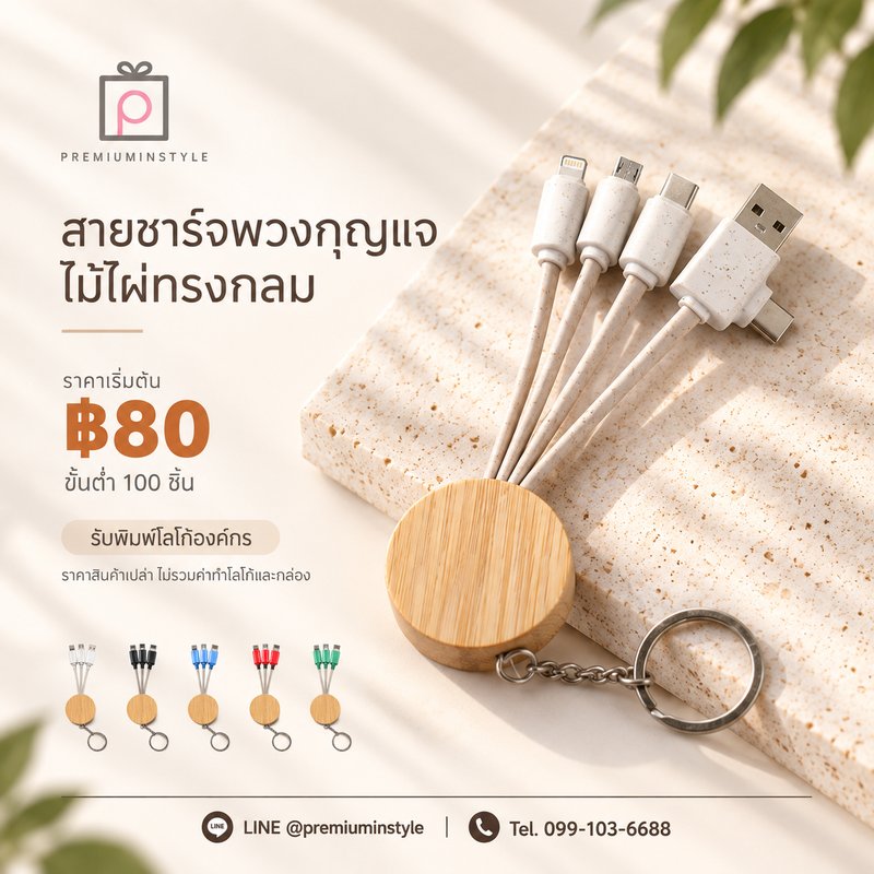 สายชาร์จพวงกุญแจ ไม้ไผ่ทรงกลม ของพรีเมี่ยม สกรีนโลโก้
