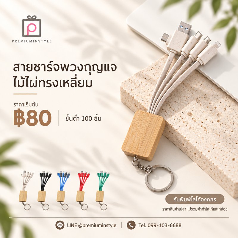 สายชาร์จพวงกุญแจ ไม้ไผ่ทรงเหลี่ยม ของพรีเมี่ยม สกรีนโลโก้