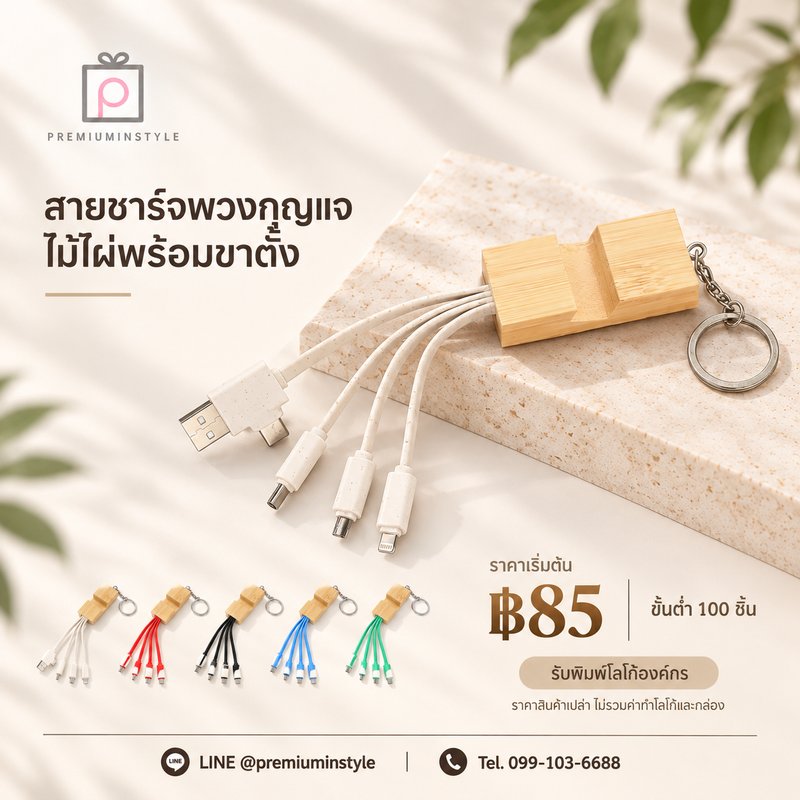 สายชาร์จพวงกุญแจ ไม้ไผ่พร้อมขาตั้ง ของพรีเมี่ยม สกรีนโลโก้