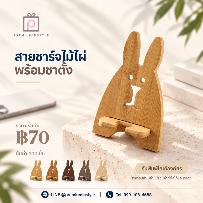 สายชาร์จไม้ไผ่พร้อมขาตั้ง ของพรีเมี่ยม สกรีนโลโก้