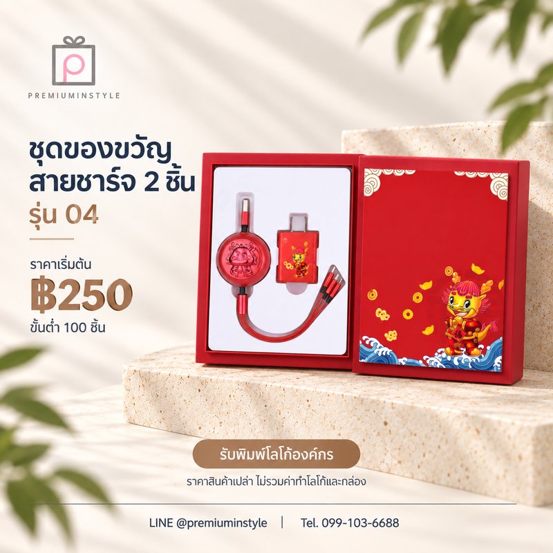 ชุดของขวัญสายชาร์จ 2 ชิ้น รุ่น 04 ของพรีเมี่ยม สกรีนโลโก้