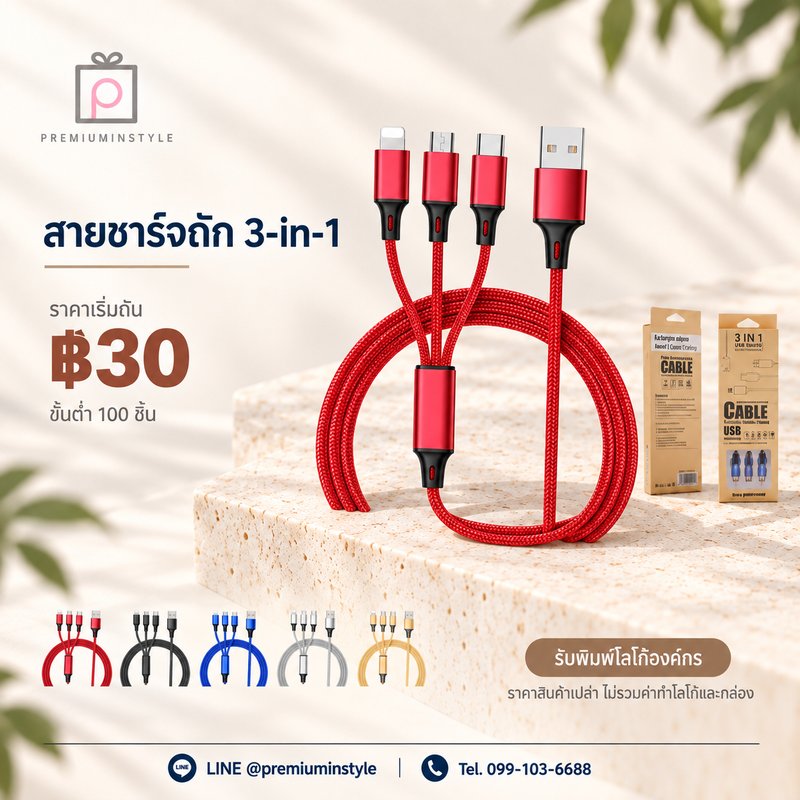 สายชาร์จถัก 3-in-1 ของพรีเมี่ยม สกรีนโลโก้