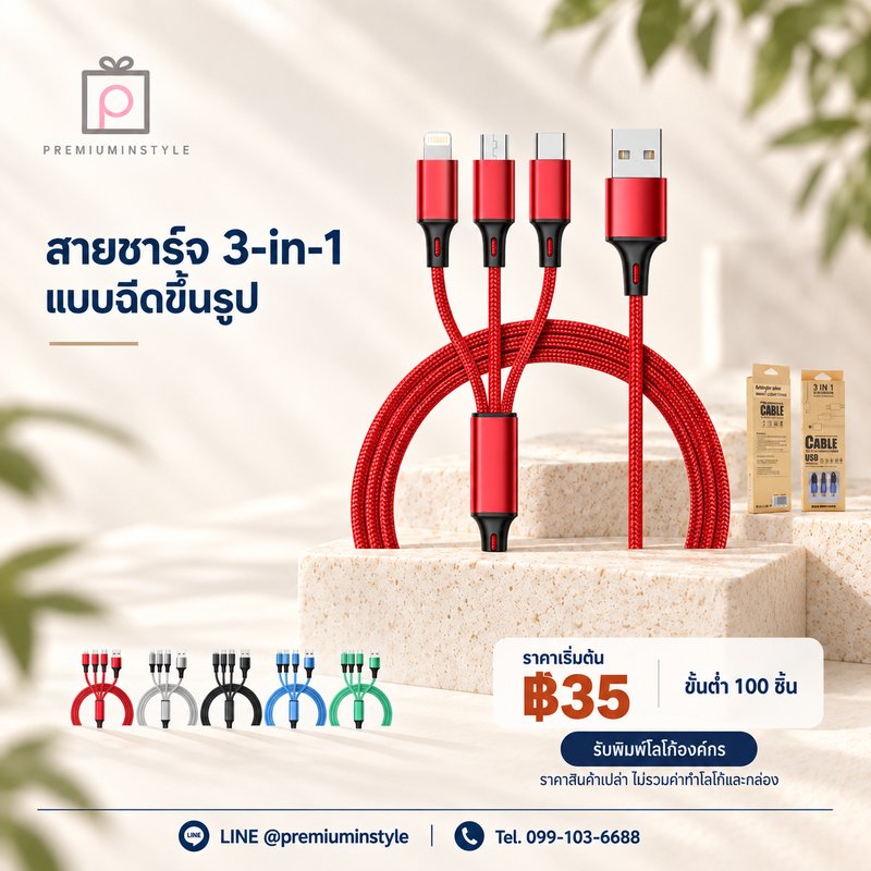 สายชาร์จ 3-in-1 แบบฉีดขึ้นรูป ของพรีเมี่ยม สกรีนโลโก้