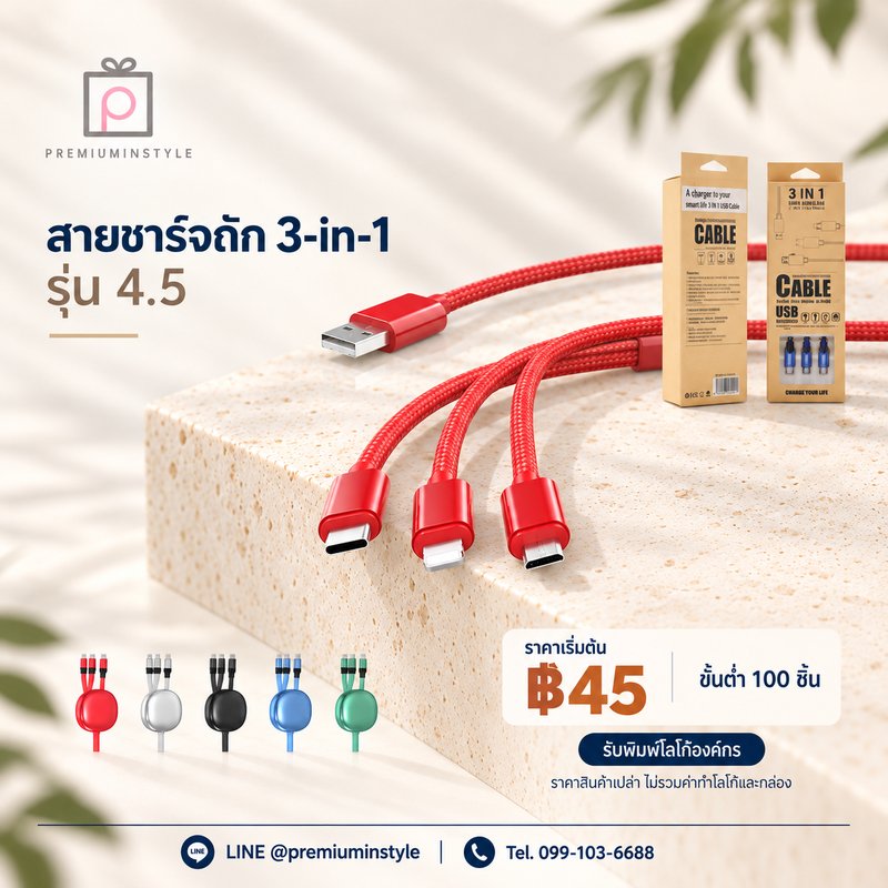 สายชาร์จถัก 3-in-1 รุ่น 4.5 ของพรีเมี่ยม สกรีนโลโก้
