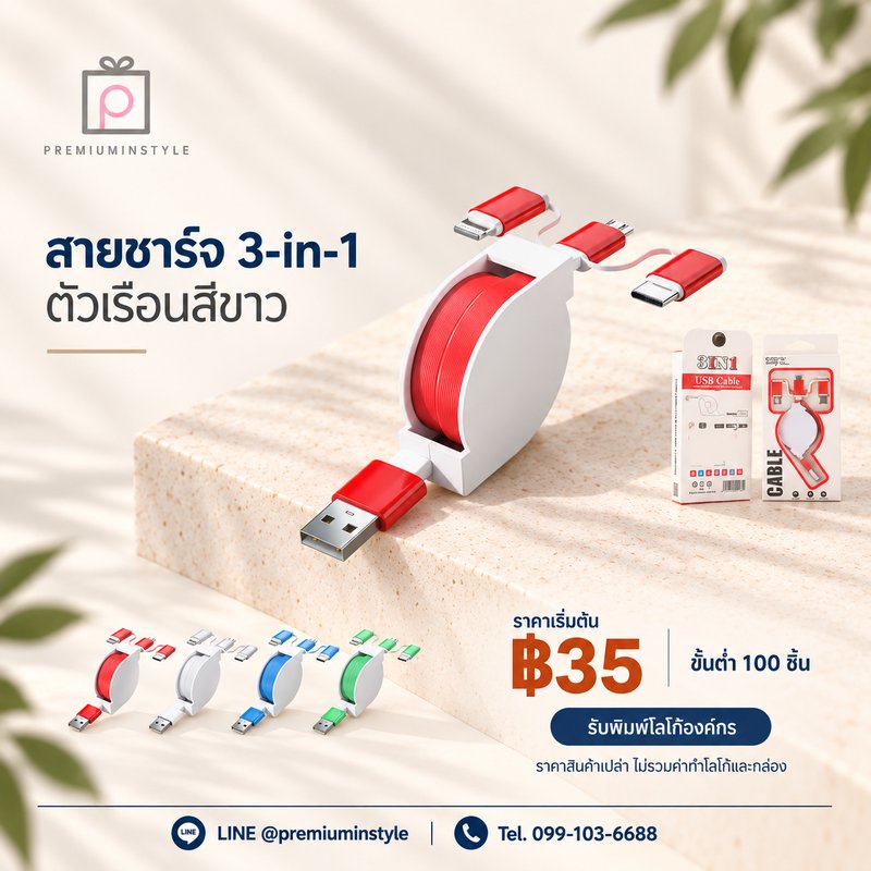 สายชาร์จ 3-in-1 ตัวเรือนสีขาว ของพรีเมี่ยม สกรีนโลโก้