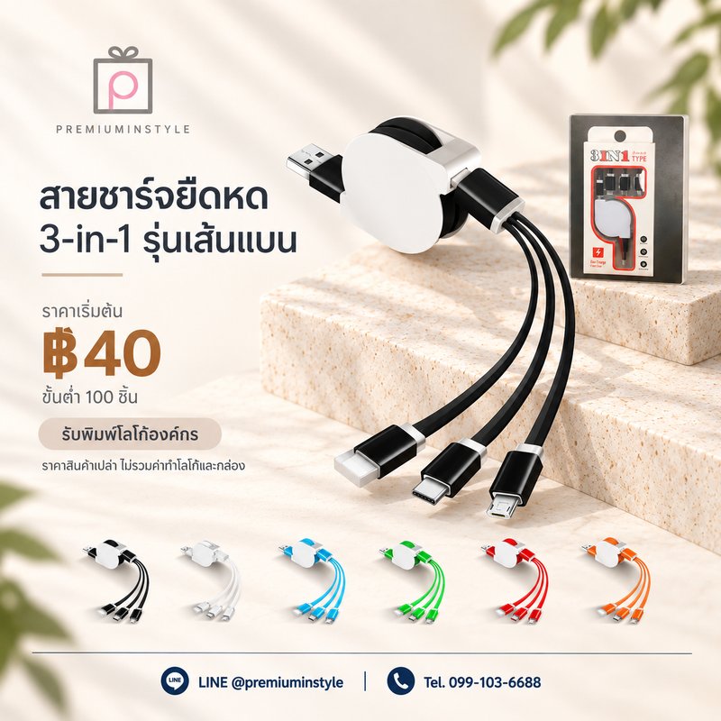 สายชาร์จยืดหด 3-in-1 รุ่นเส้นแบน ของพรีเมี่ยม สกรีนโลโก้