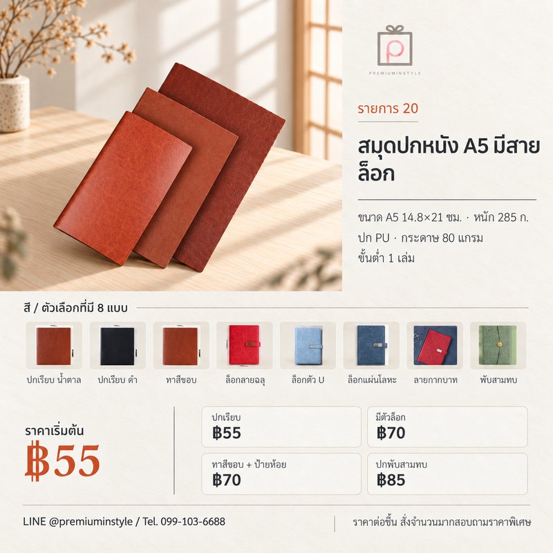 สมุดปกหนัง A5 มีสายล็อก ของพรีเมี่ยม สกรีนโลโก้