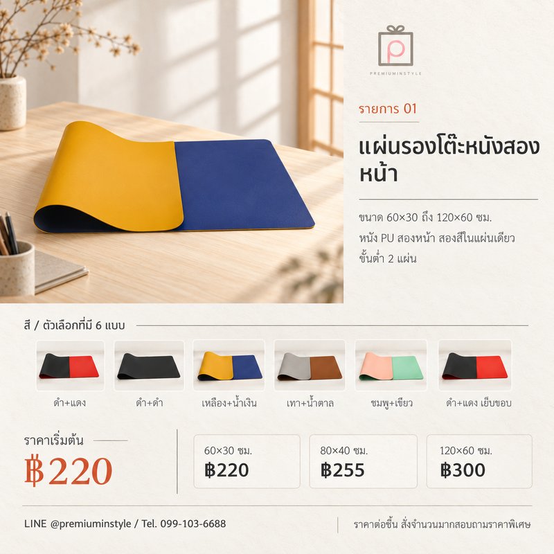 แผ่นรองโต๊ะหนังสองหน้า ของพรีเมี่ยม สกรีนโลโก้