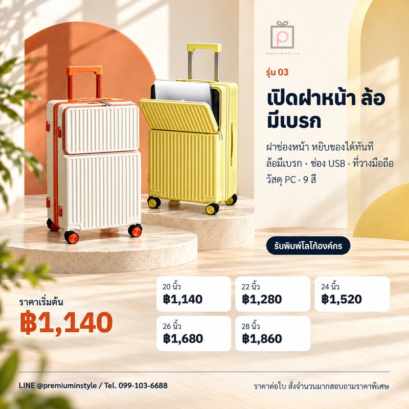 กระเป๋าเดินทางเปิดฝาหน้า ล้อมีเบรก รุ่น 03 ของพรีเมี่ยม สกรีนโลโก้