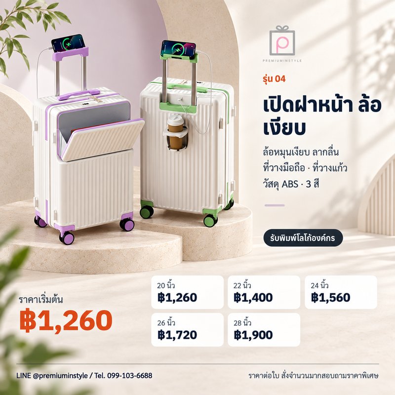 กระเป๋าเดินทางเปิดฝาหน้า ล้อเงียบ รุ่น 04 ของพรีเมี่ยม สกรีนโลโก้ กระเป๋าเดินทางเปิดฝาหน้า ล้อเงียบ รุ่น 04 ของพรีเมี่ยม สกรีนโลโก้