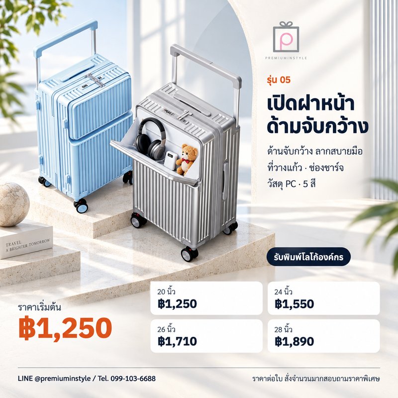 กระเป๋าเดินทางเปิดฝาหน้า ด้ามจับกว้าง รุ่น 05 ของพรีเมี่ยม สกรีนโลโก้