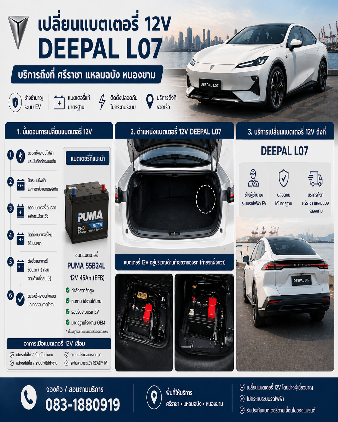 บริการเปลี่ยนแบตเตอรี่ 12V รถไฟฟ้า Deepal S07 E07 L07 S05