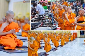 เณรน้อยโรงเรียนหมู่บ้านเด็ก บิณบาต บรรพชาสามเณรภาคฤดูร้อน วัดทุ่งลาดหญ้า กาญจนบุรี