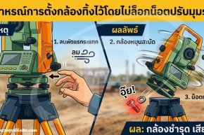 อุทาหรณ์การตั้งกล้องทิ้งไว้โดยไม่ล็อกน็อตปรับมุมราบ ผลลัพธ์คือกล้องหมุนสะบัดตามแรงลมจนน็อตหลุดร่วง