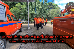 ปภ เขต 10 ลำปาง เตรียมพร้อมบุคคลากรและเครื่องจักรกลกว่า100 รายการ สนับสนุนพื้นที่อุทกภัย4จังหวัดภาคเหนือได้ทันที24ชั่วโมง หากมีการร้องขอ