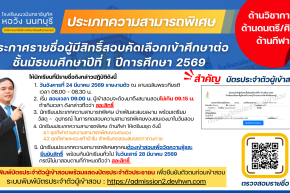 ประกาศ เรื่อง รายชื่อผู้มีสิทธิ์สอบคัดเลือกเข้าศึกษาต่อชั้นมัธยมศึกษาปีที่ 1 ประเภทความสามารถพิเศษ ปีการศึกษา 2569