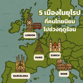 แผนที่ยุโรปแสดง 5 เมืองยอดนิยมที่คนไทยนิยมไปช่วงฤดูร้อน