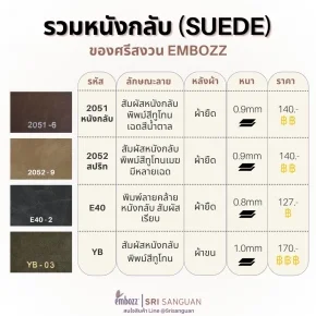 ตารางเปรียบเทียบหนังเทียม PVC ลายหนังกลับ Embozz 4 รหัส ได้แก่ 2051, 2052 สปริท, E40 และ YB พร้อมลักษณะลาย ความหนา และราคา