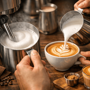 การตีฟองนมเนียนสำหรับทำลาเต้อาร์ตด้วยเครื่องตีฟองนม