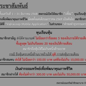 สหกรณ์ฯ เปิดให้สมาชิก เพิ่ม ทุนเรือนหุ้น และเงินฝากเพื่อพัฒนาคุณภาพชีวิต ประจำเดือนธันวาคม 2568