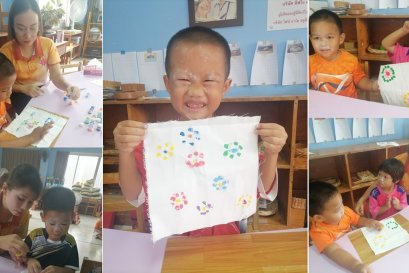 น้องวัยอนุบาลเพ้นท์กระเป๋าด้วยนิ้วมือ