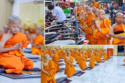 เณรน้อยโรงเรียนหมู่บ้านเด็ก บิณบาต บรรพชาสามเณรภาคฤดูร้อน วัดทุ่งลาดหญ้า กาญจนบุรี