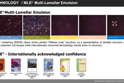 MLE หรือ Multi-Lamellar Emulsion เทคโนโลยีสุดล้ำของทาง NEOPHARM ที่คิดค้นออกมาเพื่อเลียนแบบโครงสร้างไขมันผิวตามธรรมชาติ 