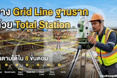 วาง Grid Line ฐานรากด้วย Total Station: ทำตามได้ใน 8 ขั้นตอน