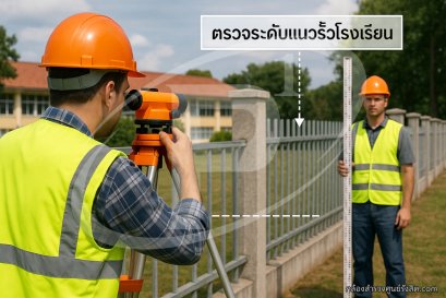 ตรวจงานโครงการสร้างรั้วโรงเรียนด้วยกล้องระดับ