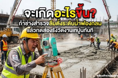 ถ้าช่างสำรวจลืมตั้งระดับน้ำฟองกลม แล้วกดส่องรังวัดงานเทปูนทันที