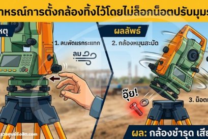 อุทาหรณ์การตั้งกล้องทิ้งไว้โดยไม่ล็อกน็อตปรับมุมราบ ผลลัพธ์คือกล้องหมุนสะบัดตามแรงลมจนน็อตหลุดร่วง